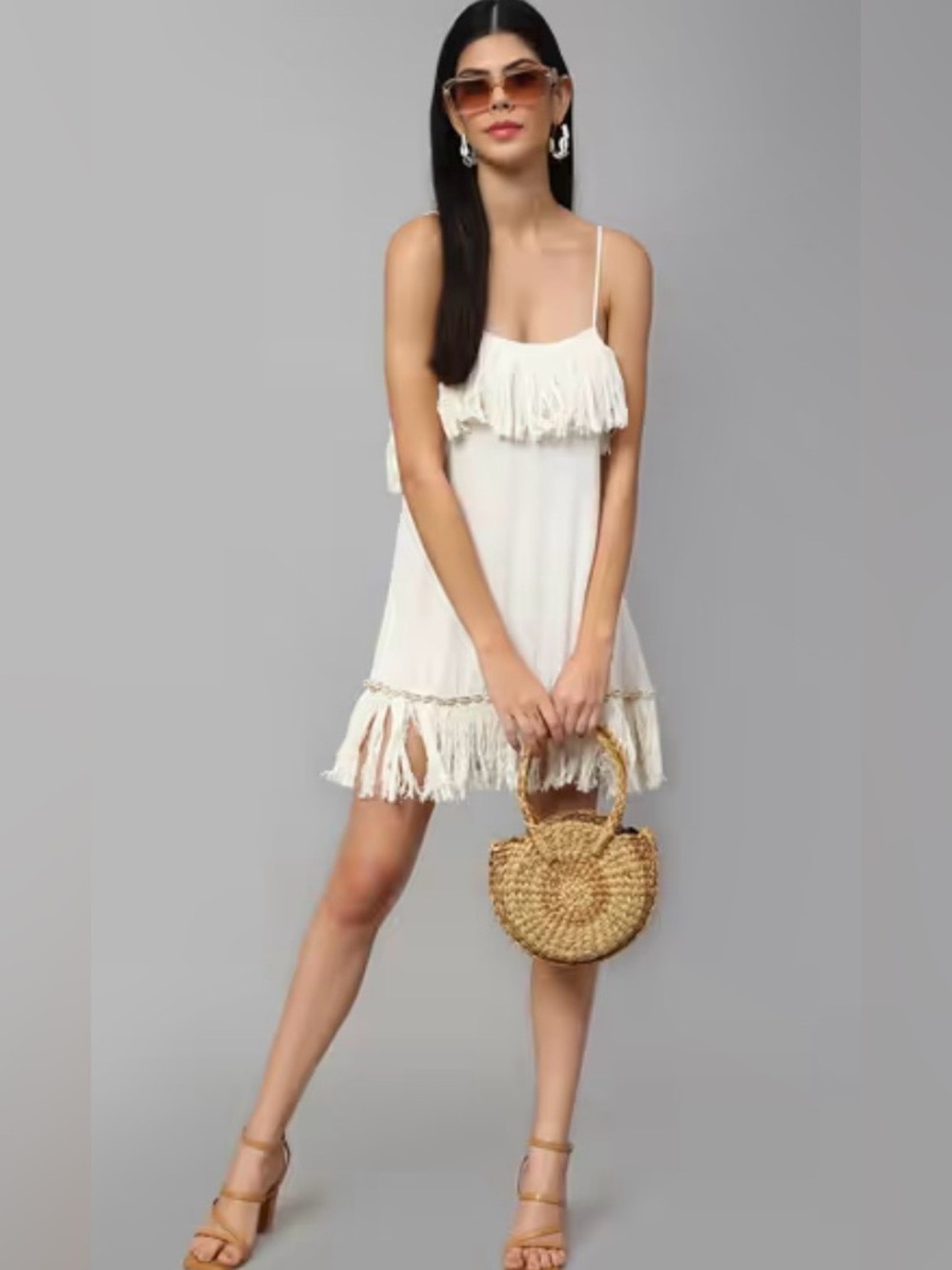 Amagyaa White Fringe Cowrie Shell Boho Mini Dress Size S NWT